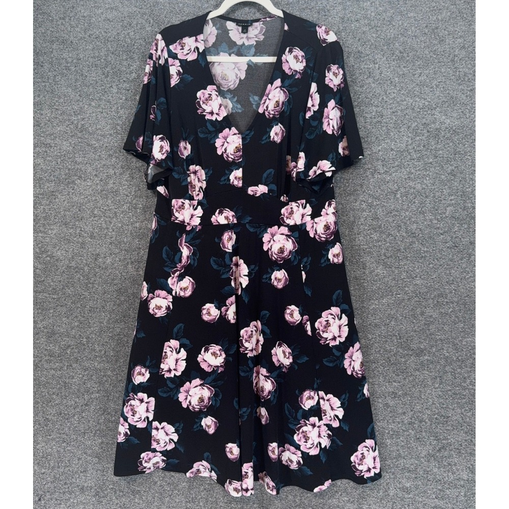 Torrid Dress Womens 2X Black Pink Floral V-Neck Flutter Sleeve Stretch Plus Size